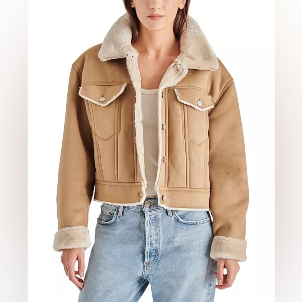 NWT Steve Madden Marie Coat Natural Tan Faux Fur Suede Jacket size XS